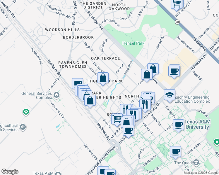 map of restaurants, bars, coffee shops, grocery stores, and more near 4503 College Main Street in Bryan