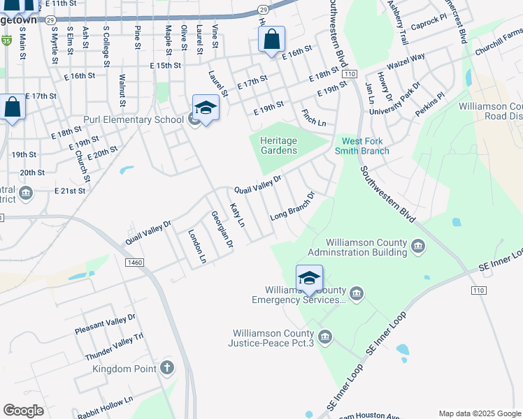 map of restaurants, bars, coffee shops, grocery stores, and more near 2300 Smith Branch Boulevard in Georgetown