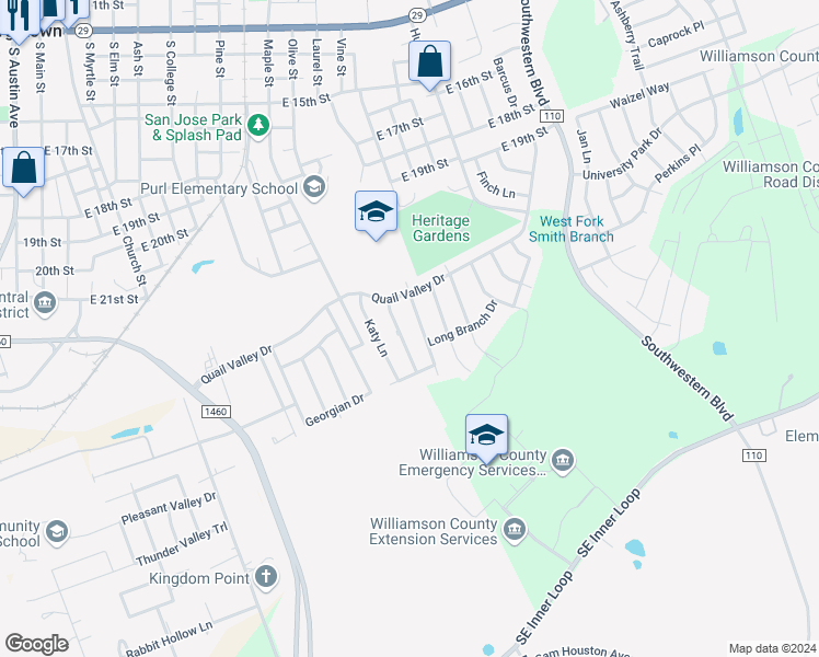 map of restaurants, bars, coffee shops, grocery stores, and more near 2300 Smith Branch Boulevard in Georgetown