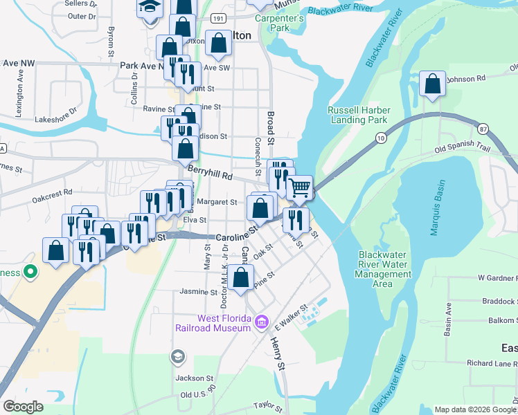 map of restaurants, bars, coffee shops, grocery stores, and more near 6835 U.S. 90 in Milton