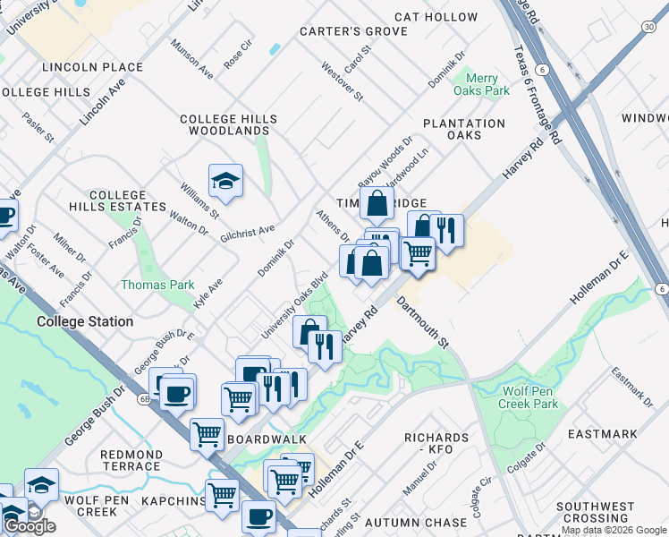 map of restaurants, bars, coffee shops, grocery stores, and more near 811 Harvey Road in College Station