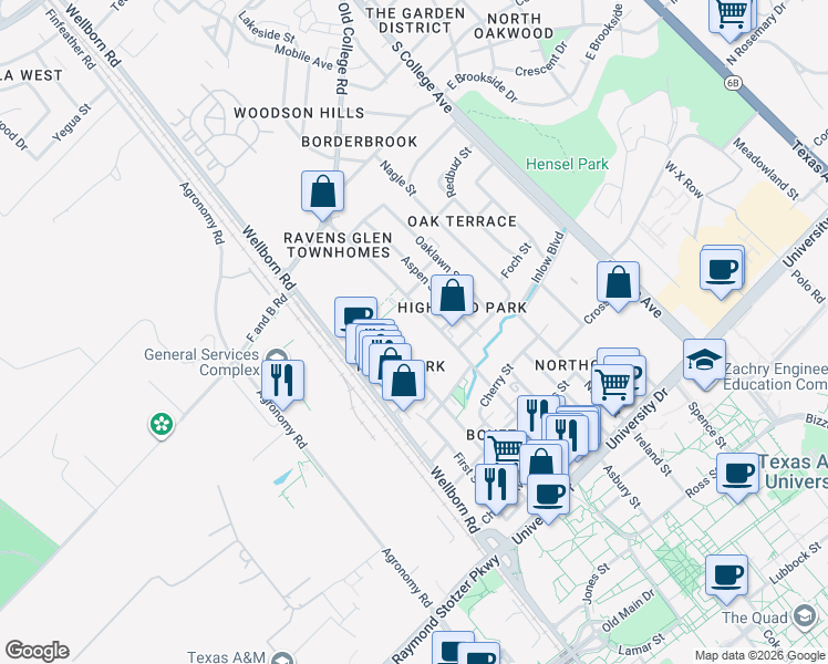 map of restaurants, bars, coffee shops, grocery stores, and more near 4302 College Main Street in Bryan