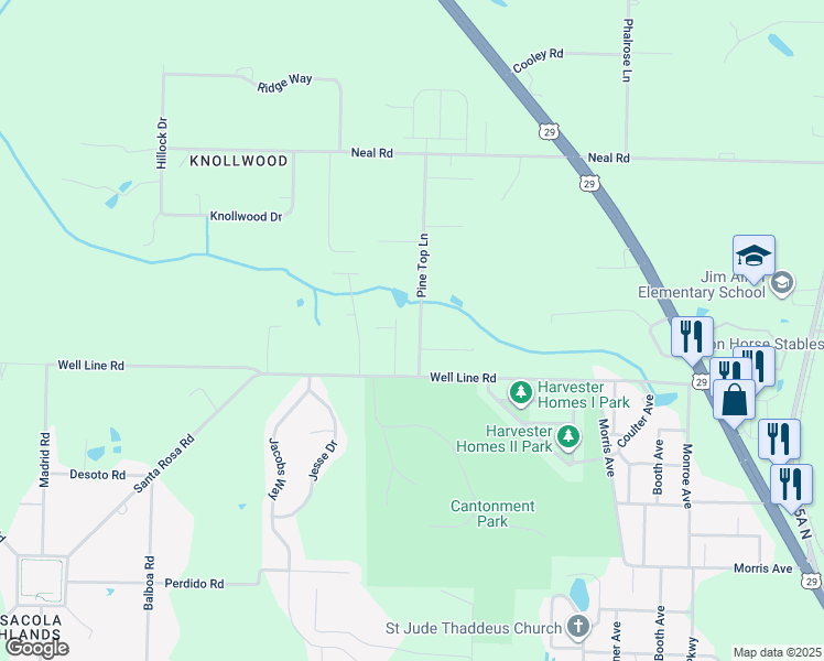 map of restaurants, bars, coffee shops, grocery stores, and more near 1021 Pine Top Lane in Cantonment
