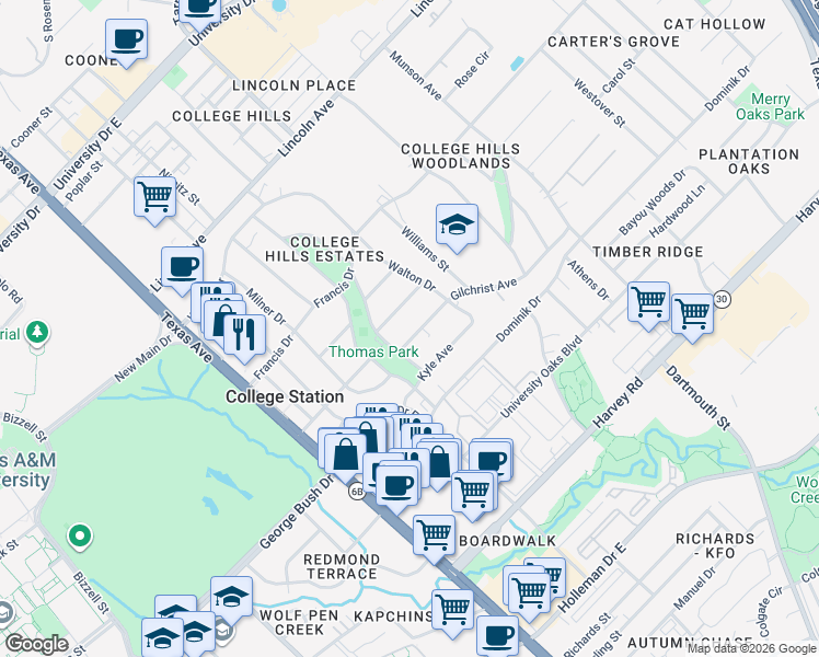 map of restaurants, bars, coffee shops, grocery stores, and more near 510 Brooks Avenue in College Station