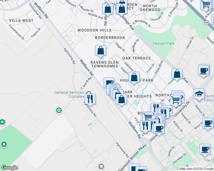 map of restaurants, bars, coffee shops, grocery stores, and more near 4151 Wellborn Road in Bryan