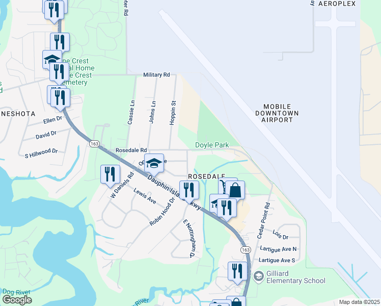 map of restaurants, bars, coffee shops, grocery stores, and more near 2351 Coley Drive in Mobile