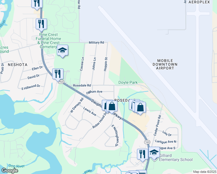 map of restaurants, bars, coffee shops, grocery stores, and more near 1807 Rosedale Road in Mobile