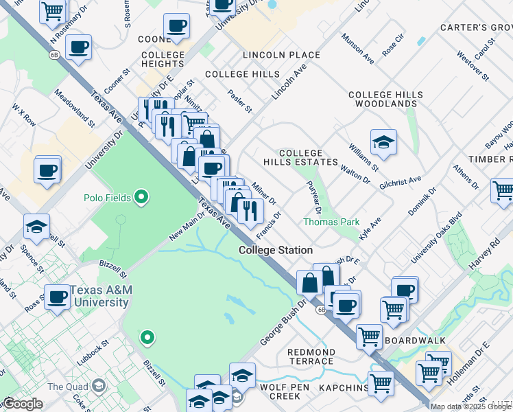 map of restaurants, bars, coffee shops, grocery stores, and more near 1007 Foster Avenue in College Station