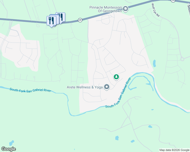 map of restaurants, bars, coffee shops, grocery stores, and more near 3301 Texas 29 in Georgetown
