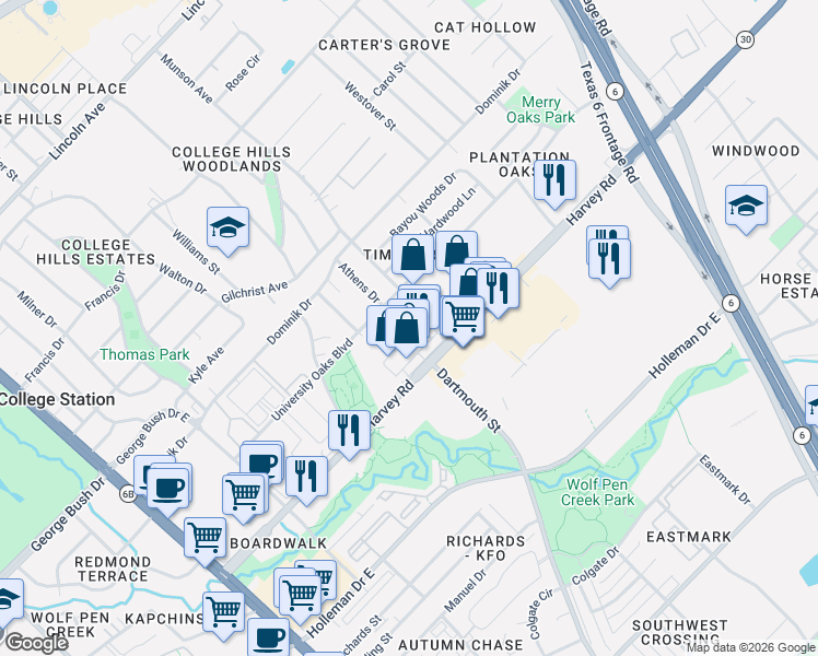 map of restaurants, bars, coffee shops, grocery stores, and more near 904 University Oaks Boulevard in College Station
