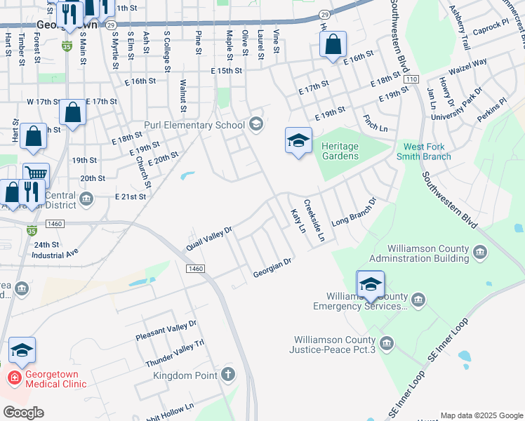 map of restaurants, bars, coffee shops, grocery stores, and more near 1024 Quail Valley Drive in Georgetown