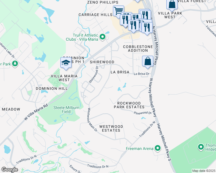map of restaurants, bars, coffee shops, grocery stores, and more near 2514 Westwood Main Drive in Bryan