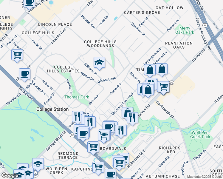 map of restaurants, bars, coffee shops, grocery stores, and more near 733 Dominik Drive in College Station
