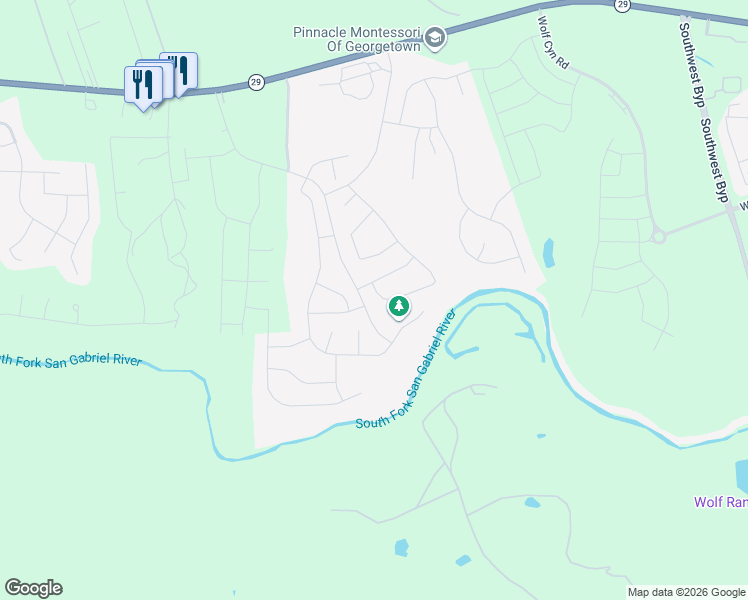 map of restaurants, bars, coffee shops, grocery stores, and more near 653 Peace Pipe Way in Georgetown