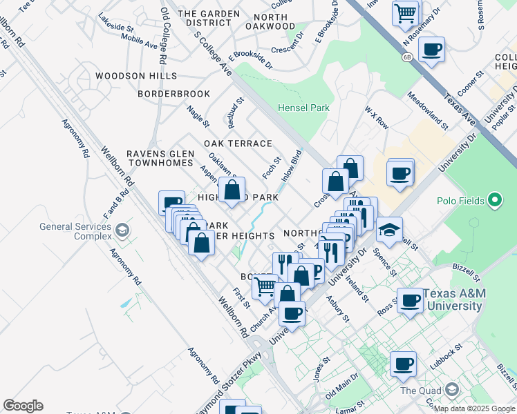map of restaurants, bars, coffee shops, grocery stores, and more near 401 Foch Street in Bryan