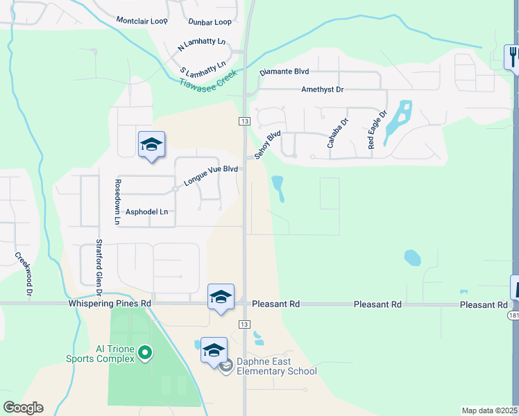 map of restaurants, bars, coffee shops, grocery stores, and more near 27440 County Road 13 in Daphne