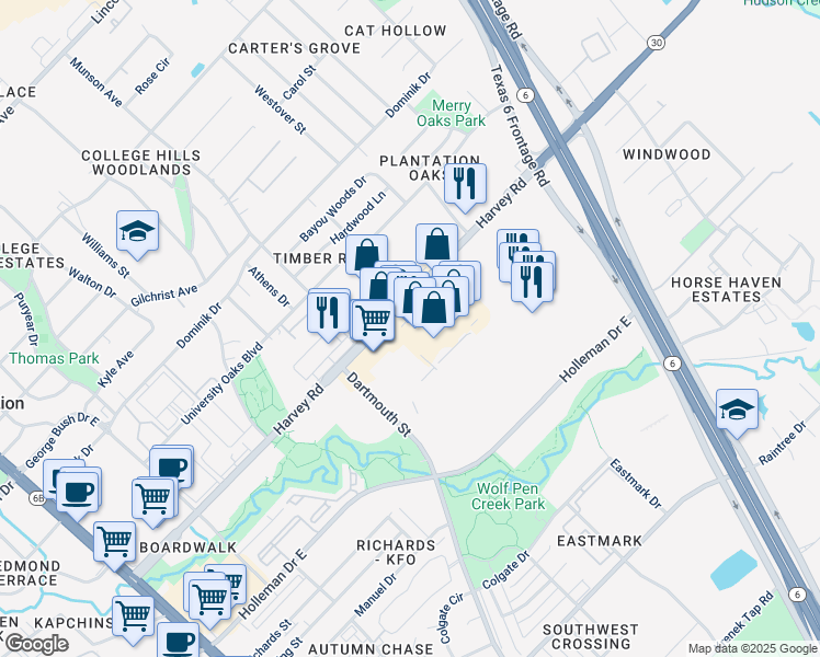 map of restaurants, bars, coffee shops, grocery stores, and more near 1102 Harvey Road in College Station