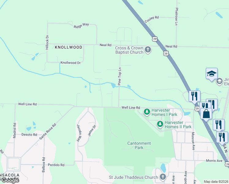map of restaurants, bars, coffee shops, grocery stores, and more near 1021 Pine Top Lane in Cantonment