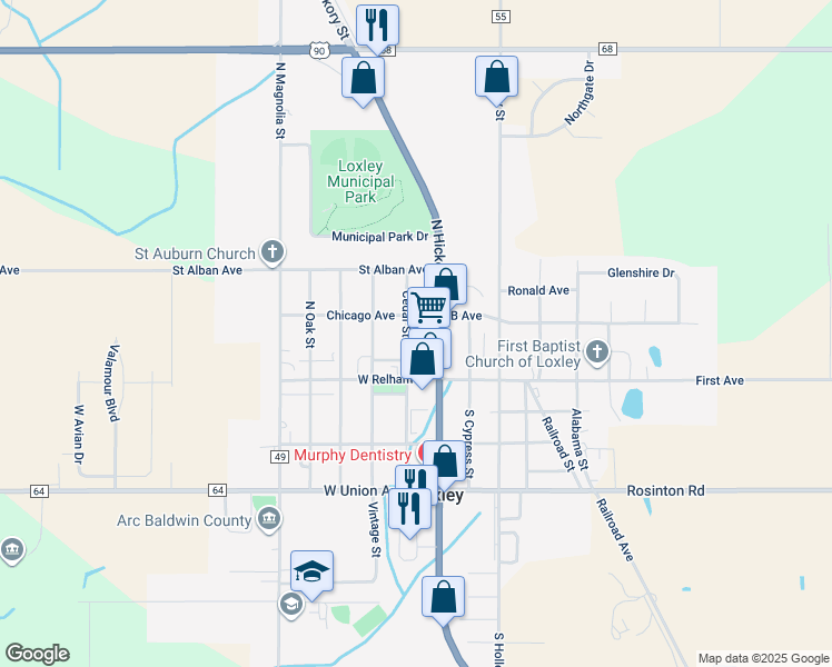 map of restaurants, bars, coffee shops, grocery stores, and more near 2103 North Cedar Street in Loxley