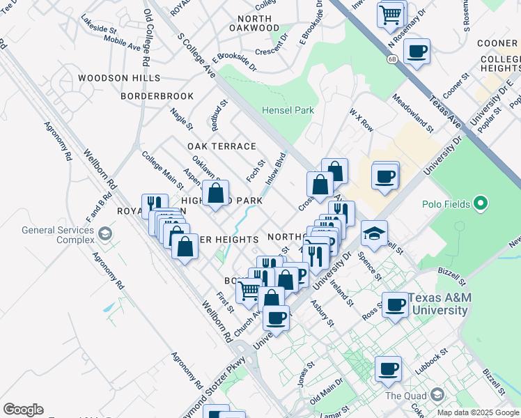 map of restaurants, bars, coffee shops, grocery stores, and more near 401 Foch Street in Bryan