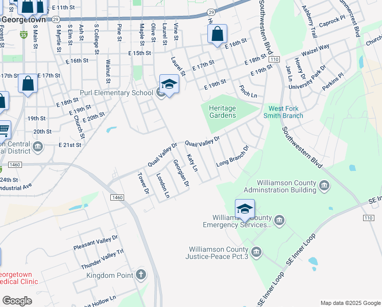 map of restaurants, bars, coffee shops, grocery stores, and more near 2200 Creekside Lane in Georgetown