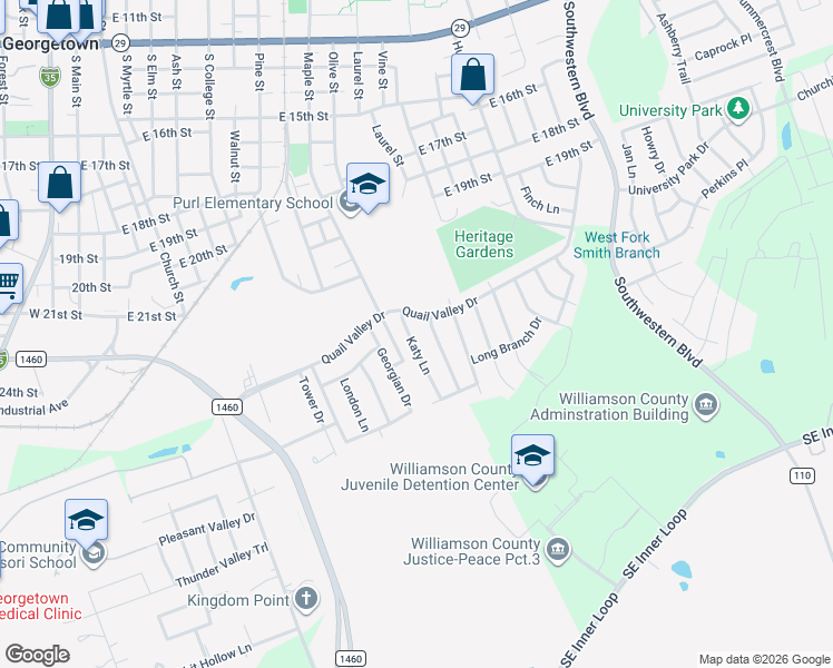 map of restaurants, bars, coffee shops, grocery stores, and more near 2205 Katy Lane in Georgetown