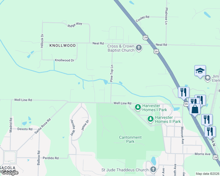 map of restaurants, bars, coffee shops, grocery stores, and more near 1024 Pine Top Lane in Cantonment
