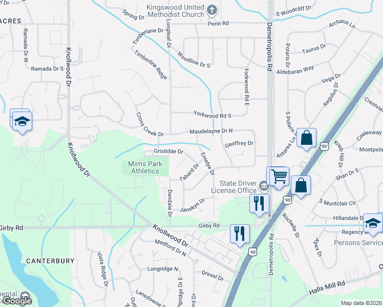map of restaurants, bars, coffee shops, grocery stores, and more near 5300-5304 Grishilde Drive in Mobile