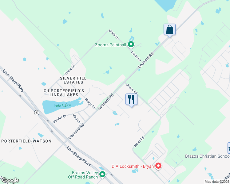 map of restaurants, bars, coffee shops, grocery stores, and more near Leonard Road in Bryan