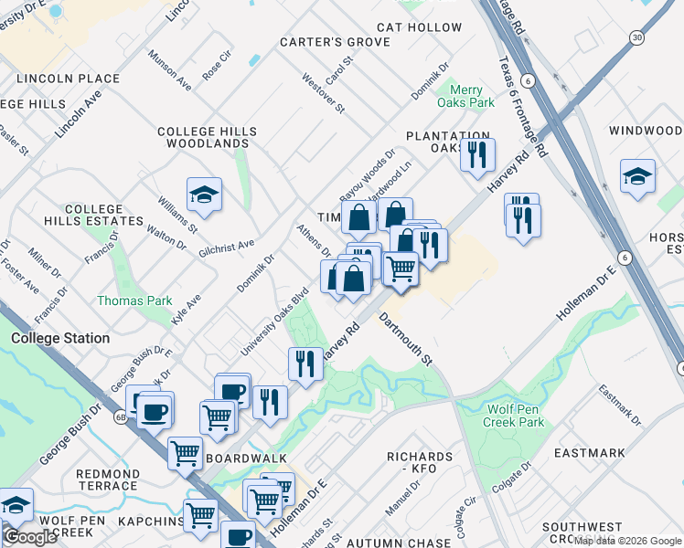 map of restaurants, bars, coffee shops, grocery stores, and more near 904 University Oaks Boulevard in College Station