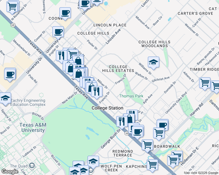 map of restaurants, bars, coffee shops, grocery stores, and more near 1019 Milner Drive in College Station