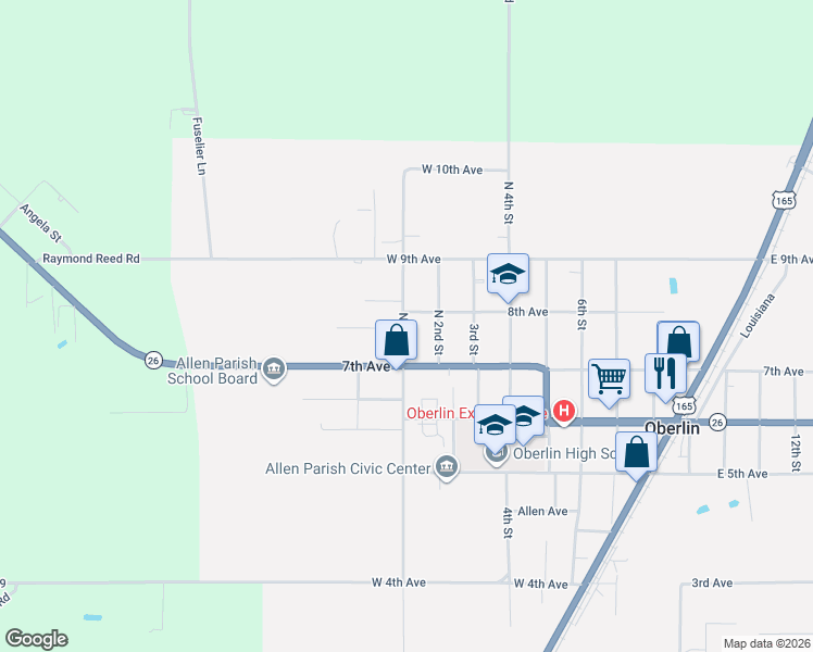 map of restaurants, bars, coffee shops, grocery stores, and more near 222 North 1st Street in Oberlin