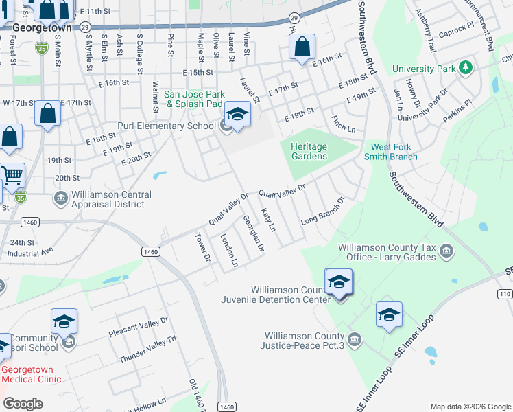 map of restaurants, bars, coffee shops, grocery stores, and more near 2204 Katy Lane in Georgetown
