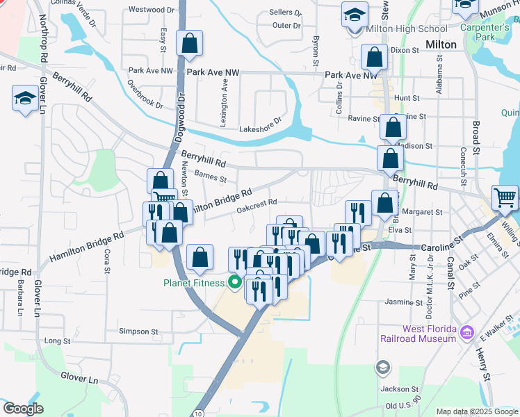 map of restaurants, bars, coffee shops, grocery stores, and more near 6523 Oakcrest Road in Milton