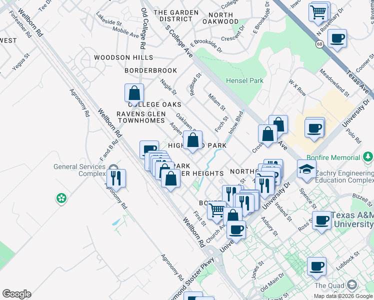 map of restaurants, bars, coffee shops, grocery stores, and more near 4305 College Main Street in Bryan