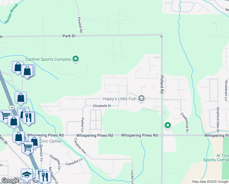 map of restaurants, bars, coffee shops, grocery stores, and more near Kari Lane in Daphne