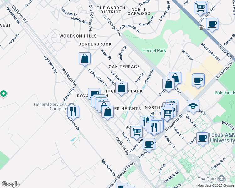 map of restaurants, bars, coffee shops, grocery stores, and more near 4301 College Main Street in Bryan