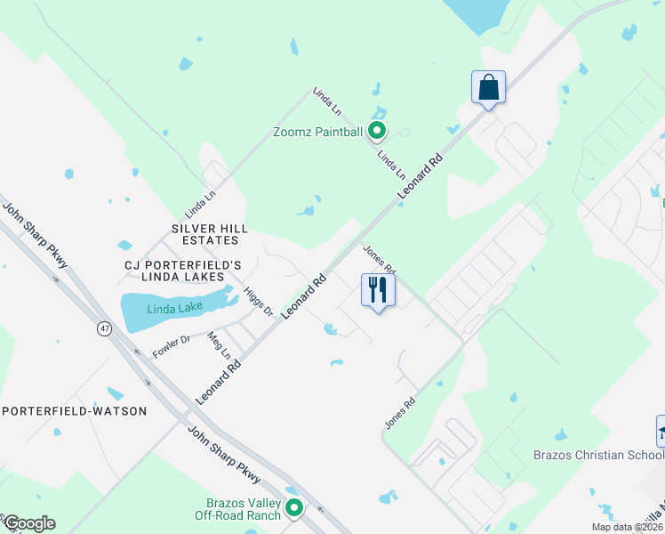 map of restaurants, bars, coffee shops, grocery stores, and more near 5826 Leonard Rd in Bryan