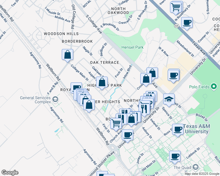 map of restaurants, bars, coffee shops, grocery stores, and more near 500 Foch Street in Bryan
