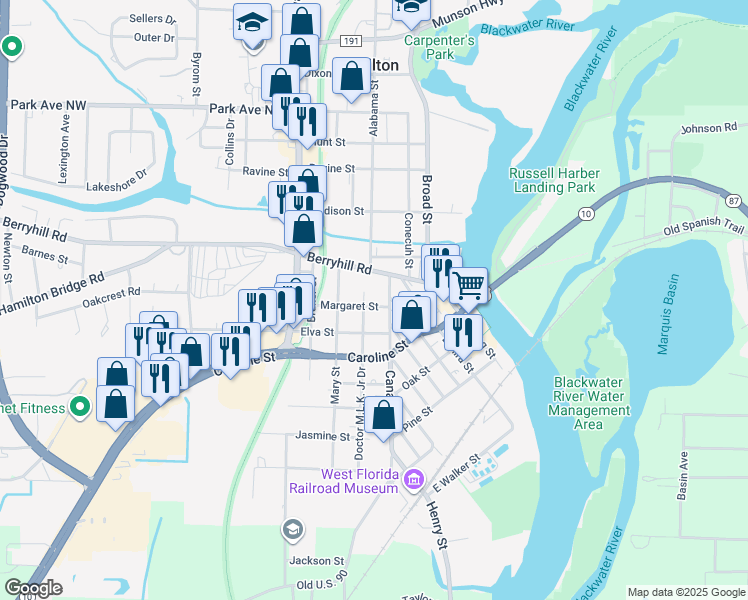 map of restaurants, bars, coffee shops, grocery stores, and more near 6794 Margaret Street in Milton
