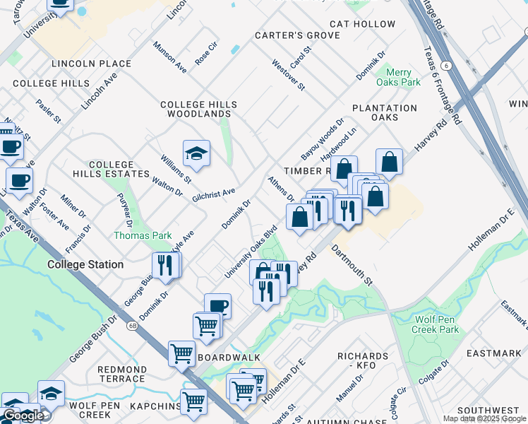 map of restaurants, bars, coffee shops, grocery stores, and more near 14 Olympia Way in College Station