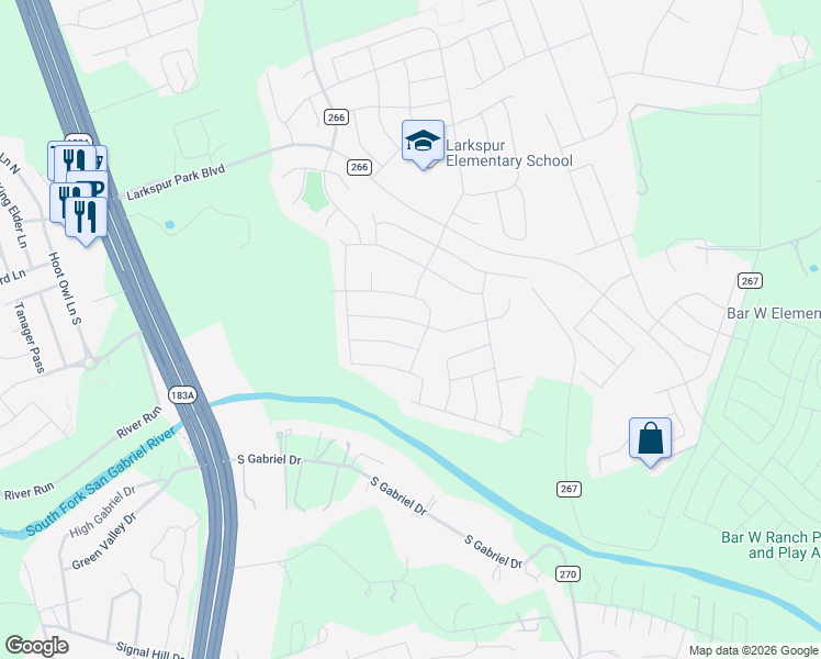 map of restaurants, bars, coffee shops, grocery stores, and more near 169 Brady Creek Way in Leander