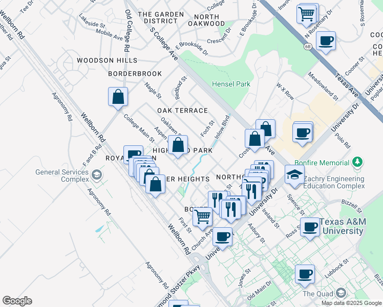 map of restaurants, bars, coffee shops, grocery stores, and more near 4400 Oaklawn Street in Bryan