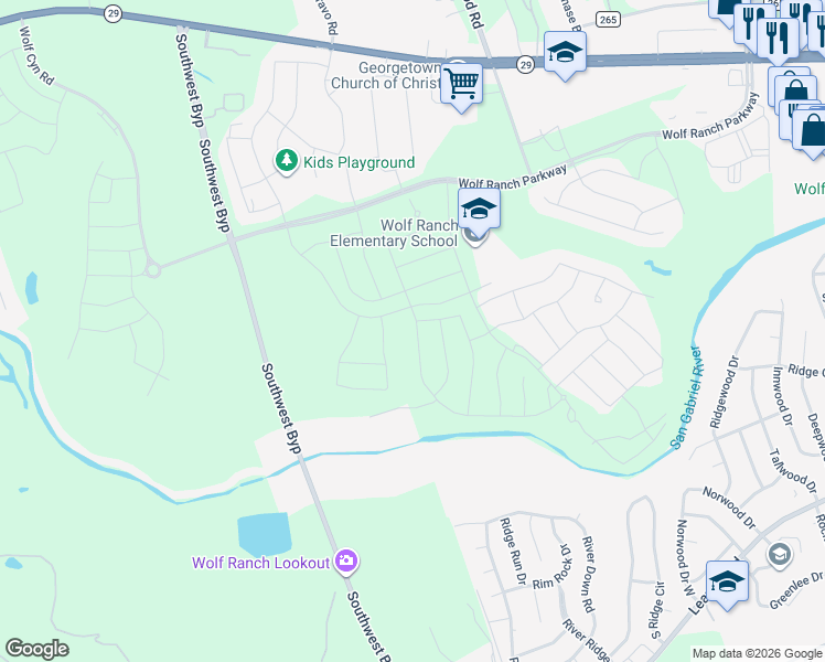 map of restaurants, bars, coffee shops, grocery stores, and more near 203 West Legend Oaks Drive in Georgetown