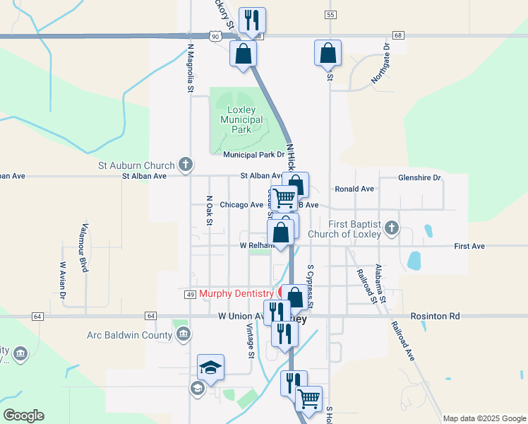 map of restaurants, bars, coffee shops, grocery stores, and more near 2103 North Cedar Street in Loxley