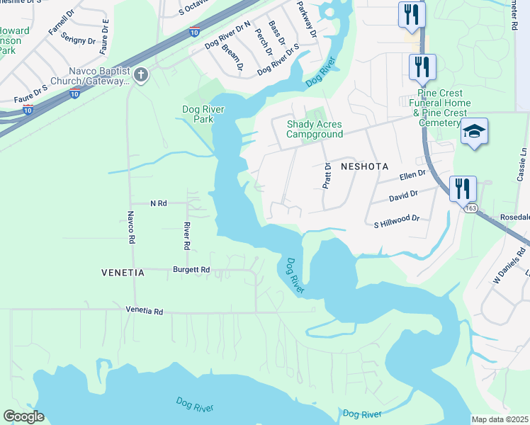 map of restaurants, bars, coffee shops, grocery stores, and more near 335 Riverbend Drive in Mobile
