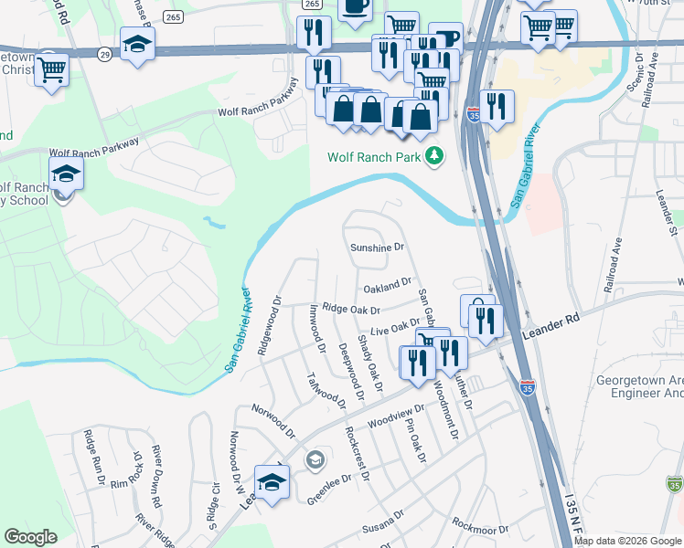 map of restaurants, bars, coffee shops, grocery stores, and more near 412 Deepwood Drive in Georgetown