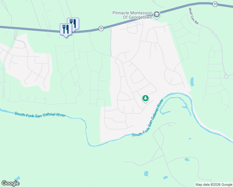 map of restaurants, bars, coffee shops, grocery stores, and more near 3301 Texas 29 in Georgetown