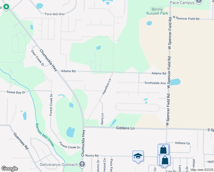 map of restaurants, bars, coffee shops, grocery stores, and more near 5161 Hamilton Lane in Pace