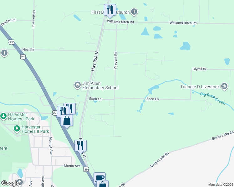 map of restaurants, bars, coffee shops, grocery stores, and more near 50 Eden Lane in Escambia County